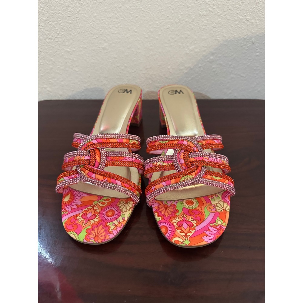 Chelsea Moreland Sassy Pink Orange Paisley Rhinestone Block Heel Sandals 13M